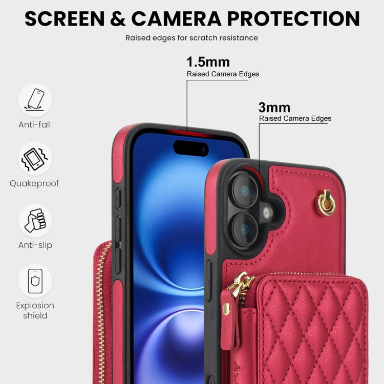 For iPhone 16 AwQuer Crossbody Zipper Wallet Rhombic Leather Back Phone Case(Red) - free shipping - PMC Jewellery - Order now!