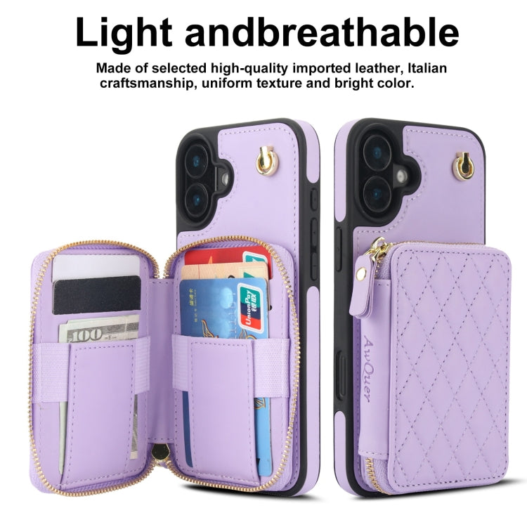 For iPhone 16 AwQuer Crossbody Zipper Wallet Rhombic Leather Back Phone Case(Purple) - iPhone 16 Cases by Awquer | Online Shopping South Africa | PMC Jewellery | Buy Now Pay Later Mobicred