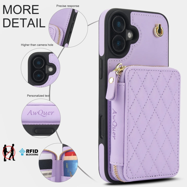 For iPhone 16 AwQuer Crossbody Zipper Wallet Rhombic Leather Back Phone Case(Purple) - iPhone 16 Cases by Awquer | Online Shopping South Africa | PMC Jewellery | Buy Now Pay Later Mobicred