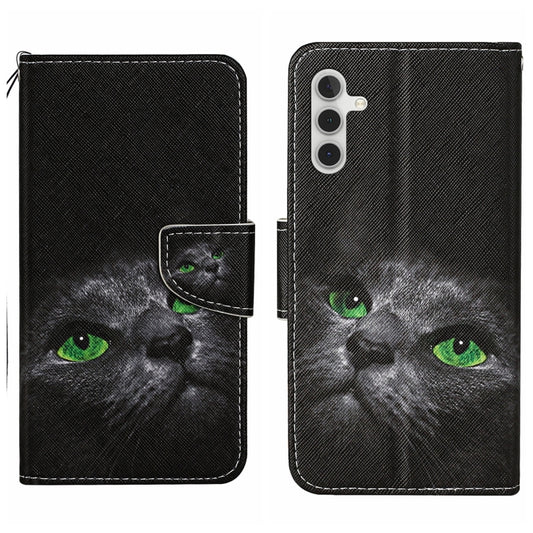 For Samsung Galaxy S25+ 5G Colored Drawing Pattern Leather Phone Case(Black Cat) - Galaxy S25+ 5G Cases by PMC Jewellery | Online Shopping South Africa | PMC Jewellery | Buy Now Pay Later Mobicred