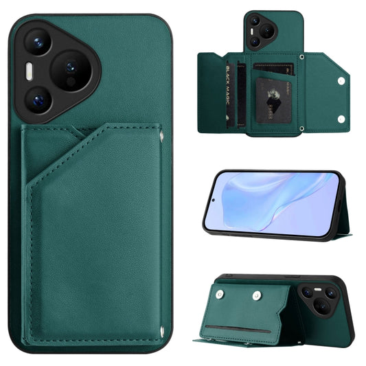 For Huawei Pura 70 Skin Feel Four Card Slots Phone Case with Wrist Strap(Green) - Huawei Cases by PMC Jewellery | Online Shopping South Africa | PMC Jewellery | Buy Now Pay Later Mobicred