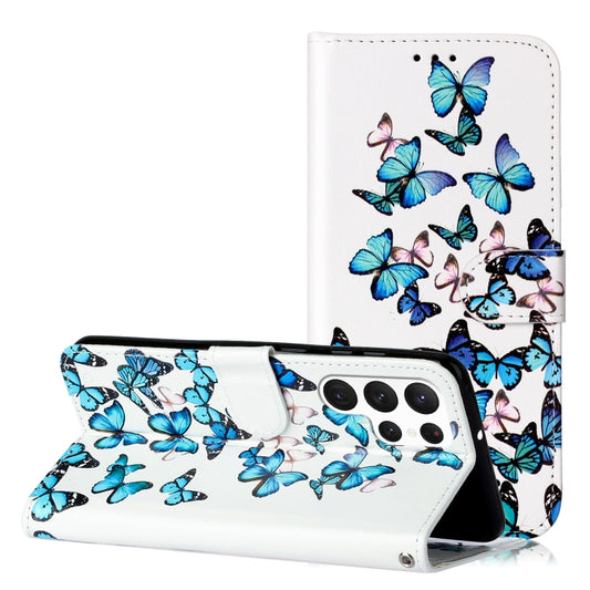 For Samsung Galaxy S25 Ultra 5G Colored Drawing Marble Pattern Leather Phone Case(Little Blue Butterflies) - Galaxy S25 Ultra 5G Cases by PMC Jewellery | Online Shopping South Africa | PMC Jewellery | Buy Now Pay Later Mobicred