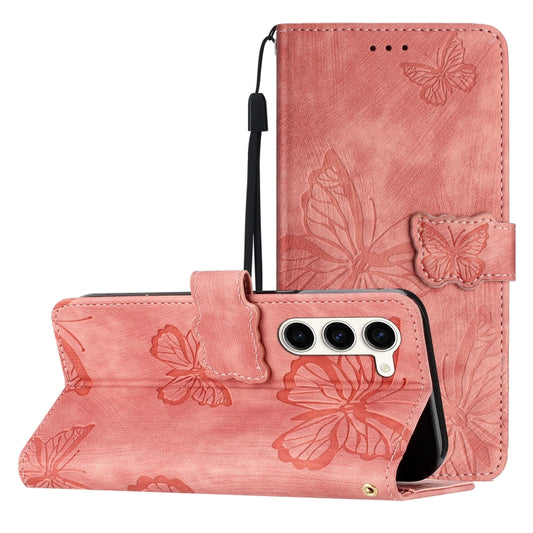 For Samsung Galaxy S25 5G Skin-feel Embossed Butterfly Leather Phone Case(Pink) - Galaxy S25 5G Cases by PMC Jewellery | Online Shopping South Africa | PMC Jewellery | Buy Now Pay Later Mobicred