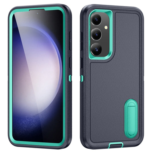 For Samsung Galaxy S24 / S25 5G Rugged PC Hybrid Silicone Phone Case with Holder(Dark Blue+Light Green) - Galaxy S25 5G Cases by PMC Jewellery | Online Shopping South Africa | PMC Jewellery | Buy Now Pay Later Mobicred