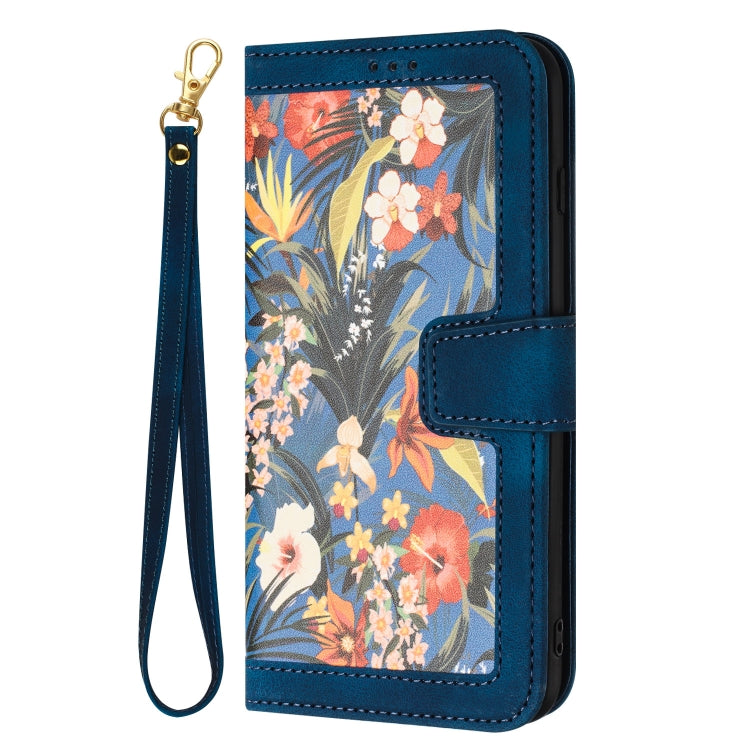 For Samsung Galaxy S25 5G Floral Pattern Leather Phone Case with Lanyard(Dark Blue) - Galaxy S25 5G Cases by PMC Jewellery | Online Shopping South Africa | PMC Jewellery | Buy Now Pay Later Mobicred
