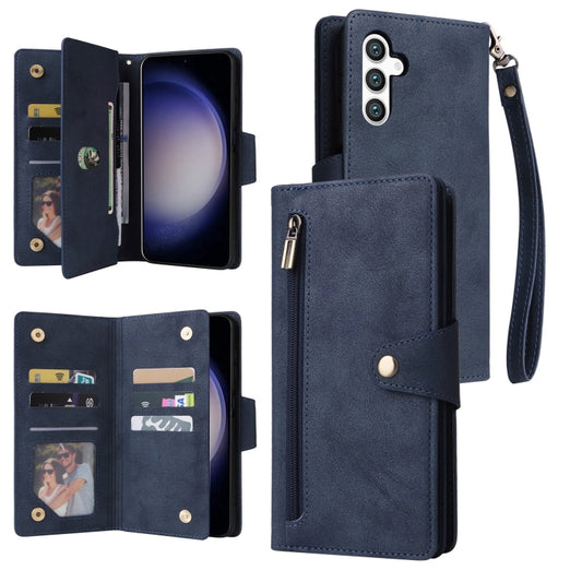 For Samsung Galaxy S25 5G Rivet Buckle 9 Cards Three Fold Leather Phone Case(Blue) - Galaxy S25 5G Cases by PMC Jewellery | Online Shopping South Africa | PMC Jewellery | Buy Now Pay Later Mobicred