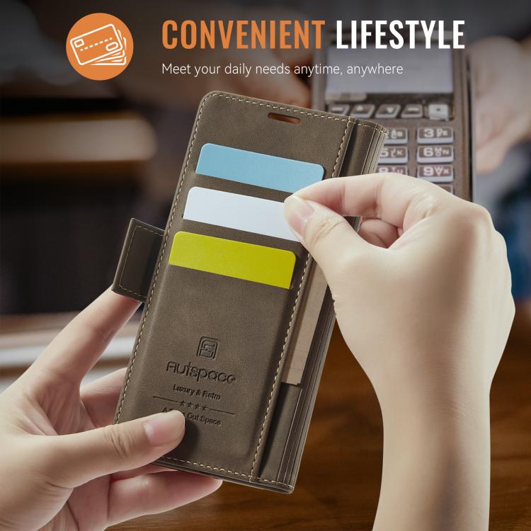 For iPhone 16e AutSpace A11 Side Buckle MagSafe Magnetic RFID Phone Leather Case(Coffee) - free shipping - PMc TechLife - Order now!