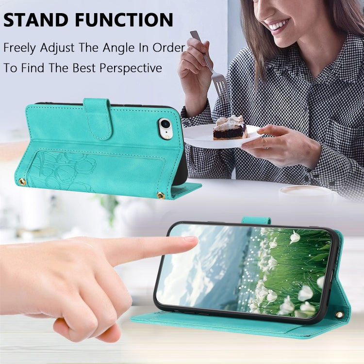 For iPhone 16e Tulips Embossed Leather Phone Case with Lanyard(Green) - iPhone 16e Cases by PMC TechLife | Online Shopping South Africa | PMC TechLife | Buy Now Pay Later Mobicred