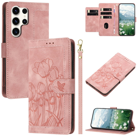 For Samsung Galaxy S25 Ultra 5G Tulips Embossed Leather Phone Case with Lanyard(Pink) - Galaxy S25 Ultra 5G Cases by PMC Jewellery | Online Shopping South Africa | PMC Jewellery | Buy Now Pay Later Mobicred