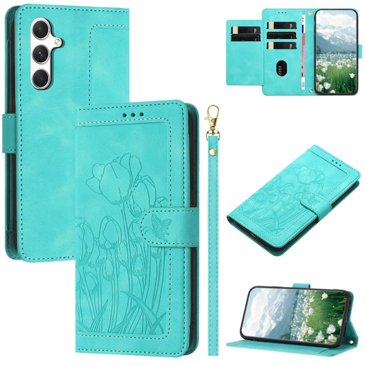 For Samsung Galaxy S25+ 5G Tulips Embossed Leather Phone Case with Lanyard(Green) - Galaxy S25+ 5G Cases by PMC Jewellery | Online Shopping South Africa | PMC Jewellery | Buy Now Pay Later Mobicred