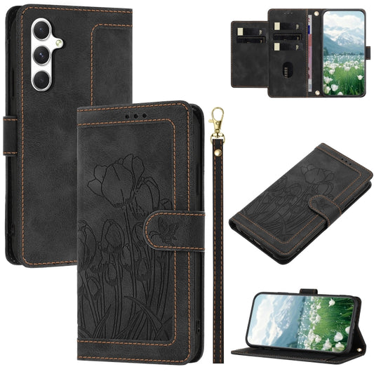 For Samsung Galaxy S25+ 5G Tulips Embossed Leather Phone Case with Lanyard(Black) - Galaxy S25+ 5G Cases by PMC Jewellery | Online Shopping South Africa | PMC Jewellery | Buy Now Pay Later Mobicred