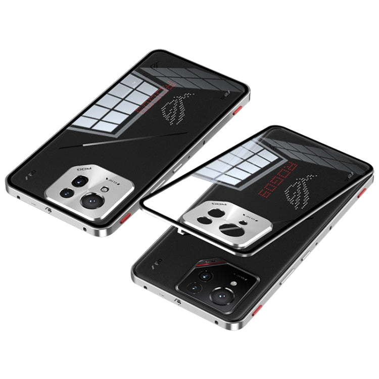 For  ASUS ROG Phone 9 Pro Snap Buckle Metal Frame Glass Back Panel Phone Case(Silver) - ASUS Cases by PMC TechLife | Online Shopping South Africa | PMC TechLife | Buy Now Pay Later Mobicred