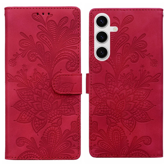 For Samsung Galaxy S25+ 5G Lace Floral Embossed Magnetic Buckle PU Phone Case With Wrist Strap(Red) - Galaxy S25+ 5G Cases by PMC Jewellery | Online Shopping South Africa | PMC Jewellery | Buy Now Pay Later Mobicred