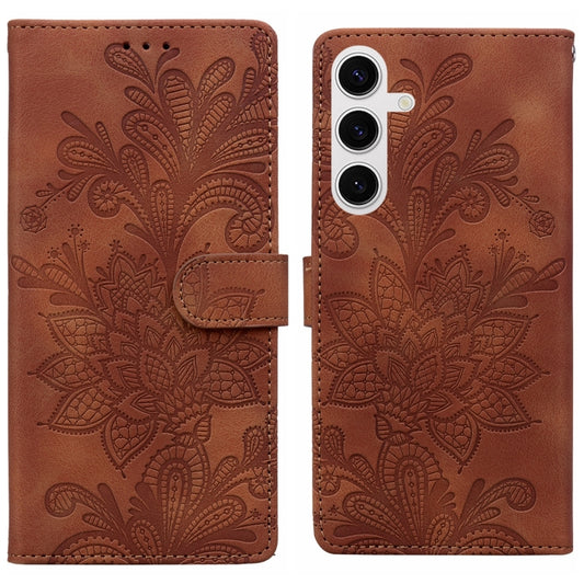 For Samsung Galaxy S25 5G Lace Floral Embossed Magnetic Buckle PU Phone Case With Wrist Strap(Brown) - Galaxy S25 5G Cases by PMC Jewellery | Online Shopping South Africa | PMC Jewellery | Buy Now Pay Later Mobicred