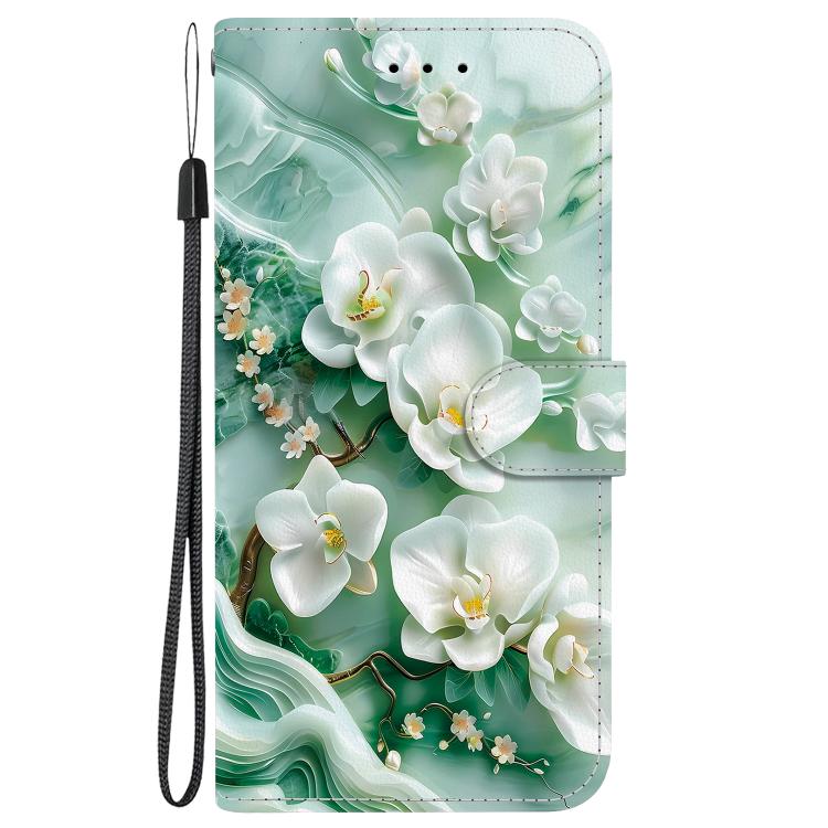 For iPhone 16e Crystal Texture Colored Drawing Leather Phone Case(Jade Flowers) - iPhone 16e Cases by PMC TechLife | Online Shopping South Africa | PMC TechLife | Buy Now Pay Later Mobicred