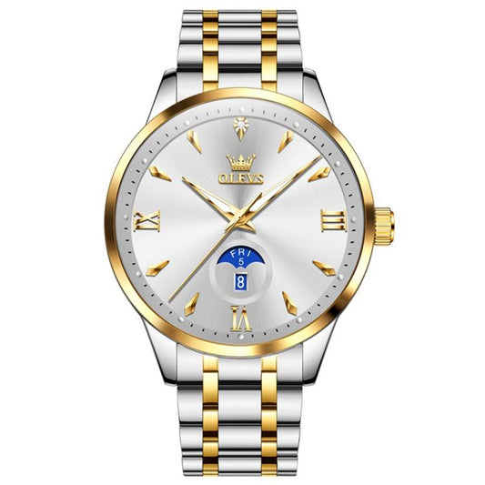 OLEVS 3646 Men Multifunctional Moon Phase Stone Waterproof Quartz Watch(Gold) - Metal Strap Watches by OLEVS | Online Shopping South Africa | PMC Jewellery | Buy Now Pay Later Mobicred