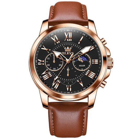 OLEVS 3632 Men Multifunctional Large Dial Luminous Waterproof Quartz Watch(Brown + Rose Gold Black) - Leather Strap Watches by OLEVS | Online Shopping South Africa | PMC Jewellery | Buy Now Pay Later Mobicred