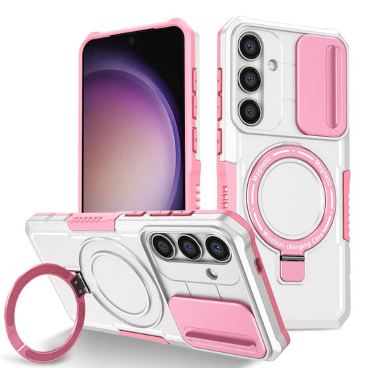 For Samsung Galaxy S25 5G Sliding Camshield MagSafe Holder TPU Hybrid PC Phone Case(Pink White) - Galaxy S25 5G Cases by PMC Jewellery | Online Shopping South Africa | PMC Jewellery | Buy Now Pay Later Mobicred