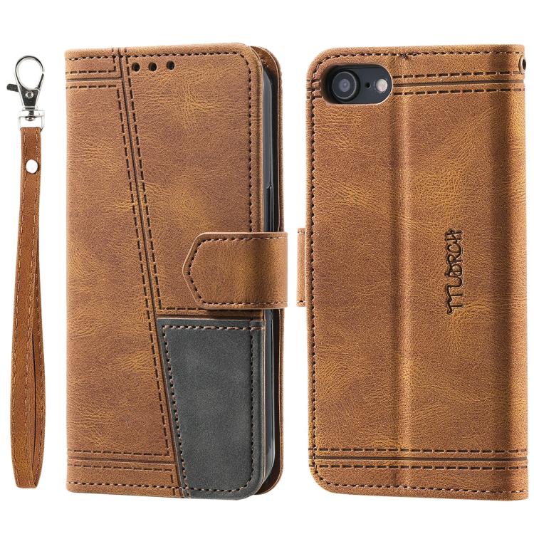 For iPhone 16e TTUDRCH Embossed Line Splicing Leather Phone Case(Brown) - iPhone 16e Cases by PMC TechLife | Online Shopping South Africa | PMC TechLife | Buy Now Pay Later Mobicred