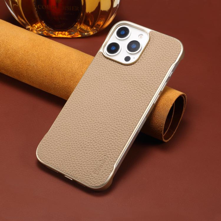 For iPhone 15 Pro Max Denior A20 Genuine Leather Litchi Texture MagSafe Frameless Phone Case(Khaki) - free shipping - PMc TechLife - Order now!