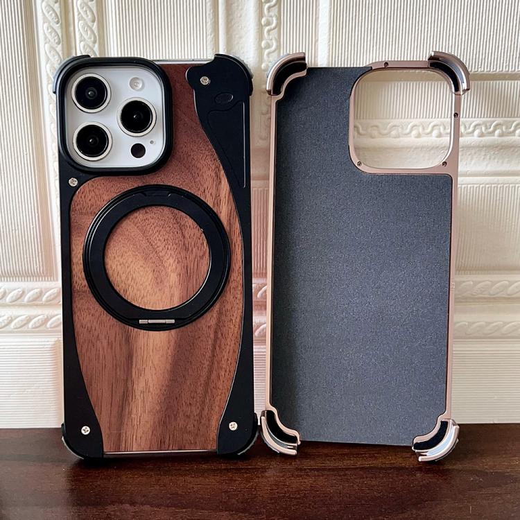 For iPhone 16 Pro Walnut Metal Frameless 360 Degree Rotation Holder MagSafe Phone Case(Black) - free shipping - PMC TechLife - Order now!