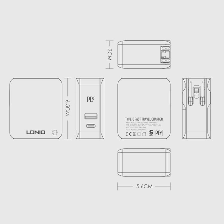 LDNIO A4403C 30W PD + Auto-id Foldable Fast Travel Charger with 1m 8 Pin Cable, US Plug - USB Charger by LDNIO | Online Shopping South Africa | PMC Jewellery | Buy Now Pay Later Mobicred