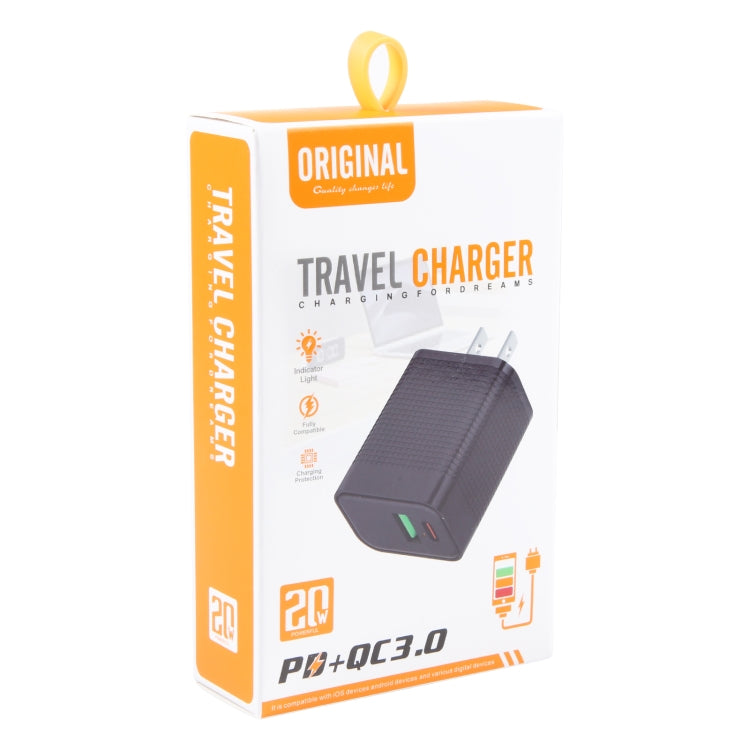 LZ-106A+C PD 20W USB-C/Type-C+QC 3.0 USB Ports Plaid Pattern Travel Charger, US Plug(Black) - USB Charger by PMC Jewellery | Online Shopping South Africa | PMC Jewellery | Buy Now Pay Later Mobicred