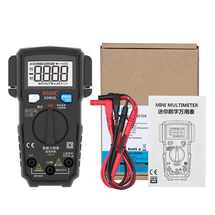 BSIDE ADMS6 High-precision Fully Automatic Small Digital Intelligent Multimeter with HD Digital Display & Shockproof Cover, Support Function Range Switch & Double-sided Pen Holder (Black) - Digital Multimeter by PMC Jewellery | Online Shopping South Africa | PMC Jewellery | Buy Now Pay Later Mobicred