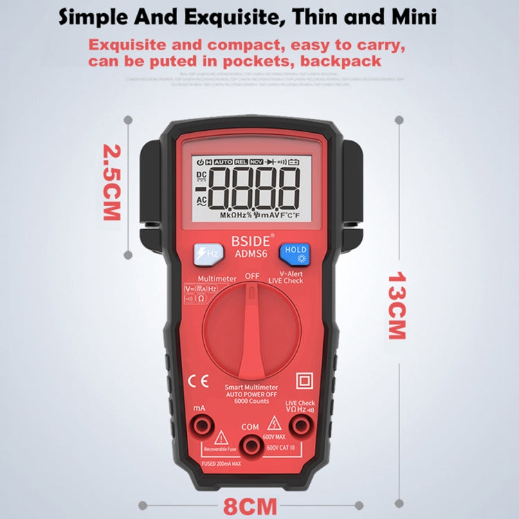 BSIDE ADMS6 High-precision Fully Automatic Small Digital Intelligent Multimeter with HD Digital Display & Shockproof Cover, Support Function Range Switch & Double-sided Pen Holder (Black) - Digital Multimeter by PMC Jewellery | Online Shopping South Africa | PMC Jewellery | Buy Now Pay Later Mobicred