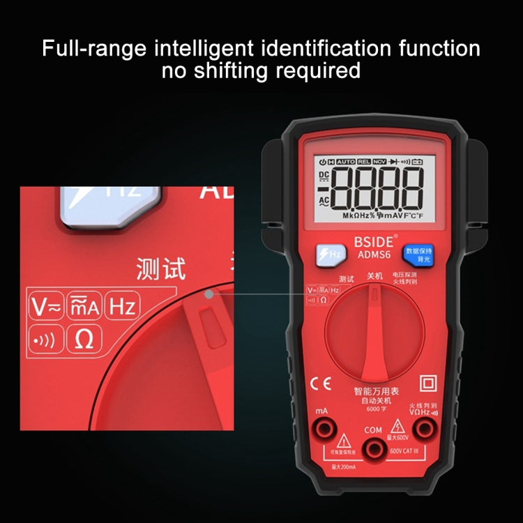 BSIDE ADMS6 High-precision Fully Automatic Small Digital Intelligent Multimeter with HD Digital Display & Shockproof Cover, Support Function Range Switch & Double-sided Pen Holder (Red) - Digital Multimeter by PMC Jewellery | Online Shopping South Africa | PMC Jewellery | Buy Now Pay Later Mobicred