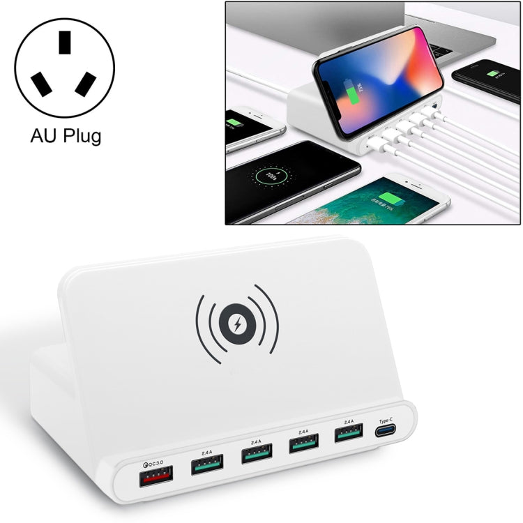 828W 7 in 1 60W QC 3.0 USB Interface + 4 USB Ports + USB-C / Type-C Interface + Wireless Charging Multi-function Charger with Mobile Phone Holder Function, AU Plug(White) - Multifunction Charger by PMC Jewellery | Online Shopping South Africa | PMC Jewellery | Buy Now Pay Later Mobicred