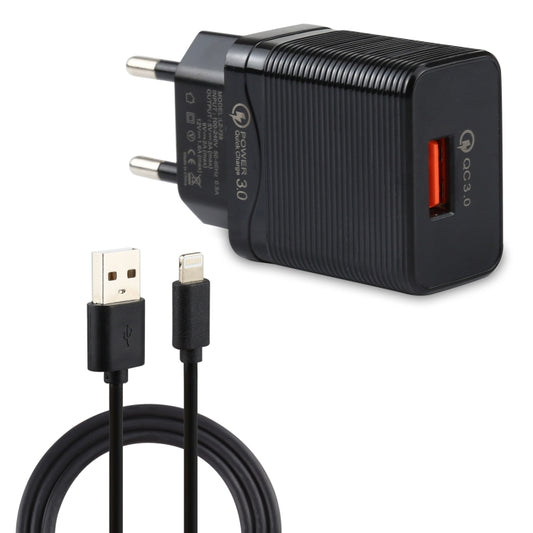 LZ-728 2 in 1 18W QC 3.0 USB Interface Travel Charger + USB to 8 Pin Data Cable Set, EU Plug, Cable Length: 1m(Black) - USB Charger by PMC Jewellery | Online Shopping South Africa | PMC Jewellery | Buy Now Pay Later Mobicred