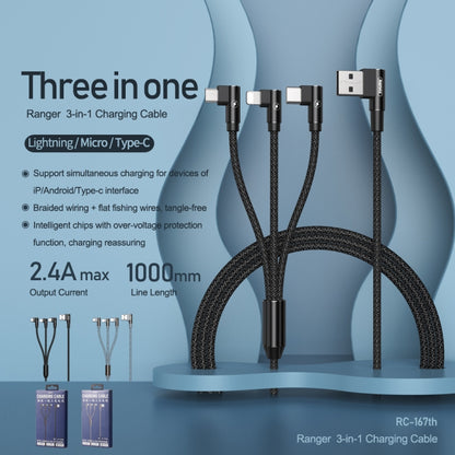 REMAX RC-167th 3 in 1 2.1A USB to 8 Pin + USB-C / Type-C + Micro USB Range Series Elbow Charging Cable, Cable Length: 1m (Black) - Multifunction Cable by REMAX | Online Shopping South Africa | PMC Jewellery | Buy Now Pay Later Mobicred