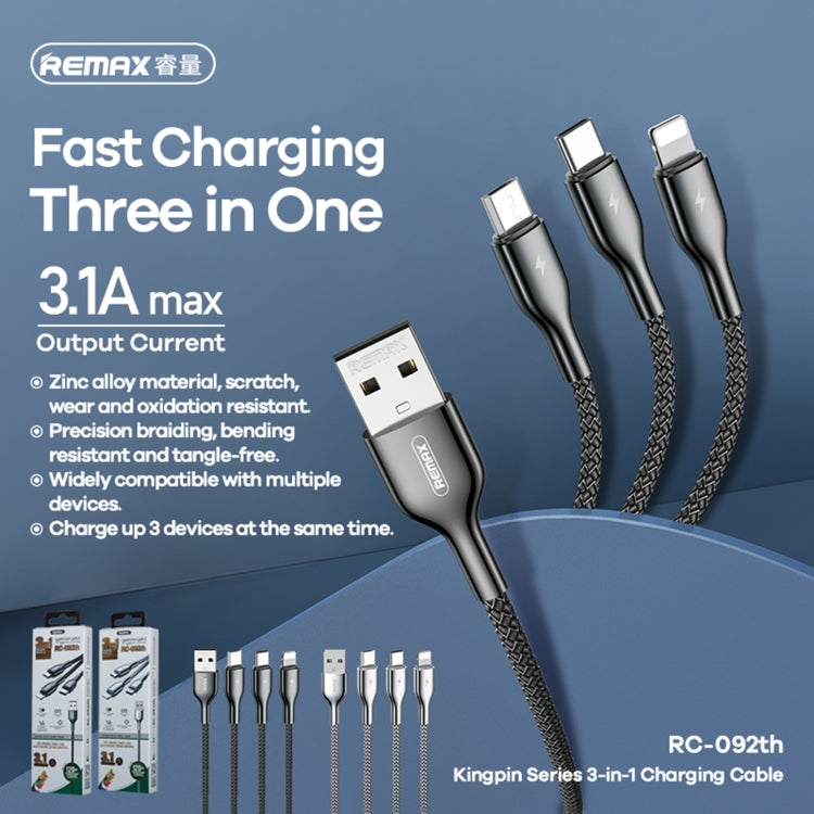 REMAX RC-092th Kingpin Series 3.1A 3 in 1 USB to Micro USB + Type-C + 8 Pin Charging Cable, Cable Length: 1.2m(Silver) - Multifunction Cable by REMAX | Online Shopping South Africa | PMC Jewellery | Buy Now Pay Later Mobicred