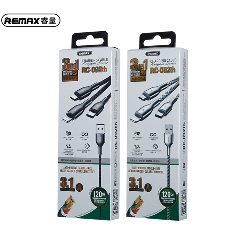 REMAX RC-092th Kingpin Series 3.1A 3 in 1 USB to Micro USB + Type-C + 8 Pin Charging Cable, Cable Length: 1.2m(Silver) - Multifunction Cable by REMAX | Online Shopping South Africa | PMC Jewellery | Buy Now Pay Later Mobicred