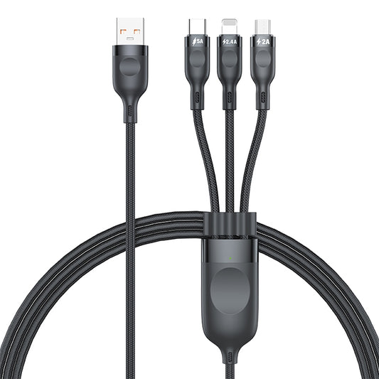 ADC-66 5A 66W 3 in 1 USB to 8 Pin + Micro USB + USB-C / Type-C Fast Charging Braided Data Cable, Cable Length: 1.2m - Multifunction Cable by PMC Jewellery | Online Shopping South Africa | PMC Jewellery | Buy Now Pay Later Mobicred