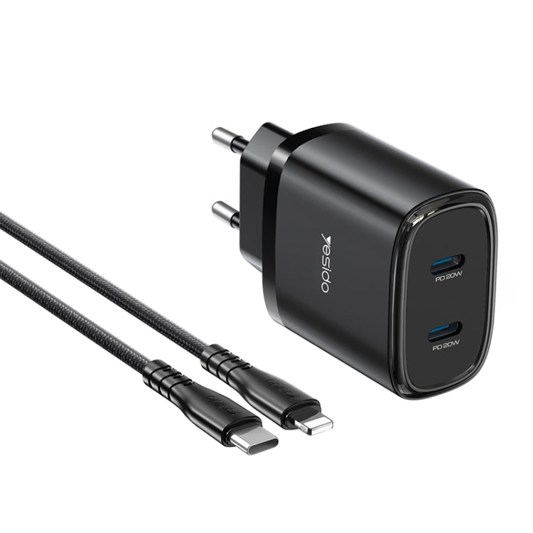 Yesido YC54 Dual USB-C / Type-C Travel Charger with 1m USB-C / Type-C to 8 Pin Cable, EU Plug (Black) - USB Charger by Yesido | Online Shopping South Africa | PMC Jewellery | Buy Now Pay Later Mobicred