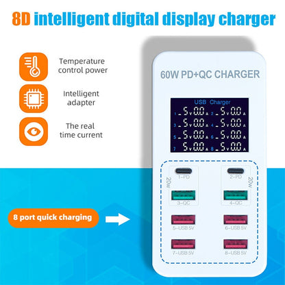 A8T 60W 8 Ports USB + QC3.0 + PD Type-C Smart Charging Station with Digital Display AC100-240V, AU Plug - Multifunction Charger by PMC Jewellery | Online Shopping South Africa | PMC Jewellery | Buy Now Pay Later Mobicred