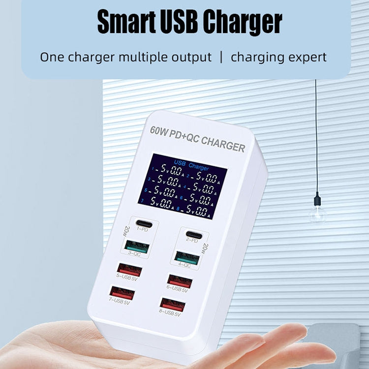 A8T 60W 8 Ports USB + QC3.0 + PD Type-C Smart Charging Station with Digital Display AC100-240V, US Plug - Multifunction Charger by PMC Jewellery | Online Shopping South Africa | PMC Jewellery | Buy Now Pay Later Mobicred