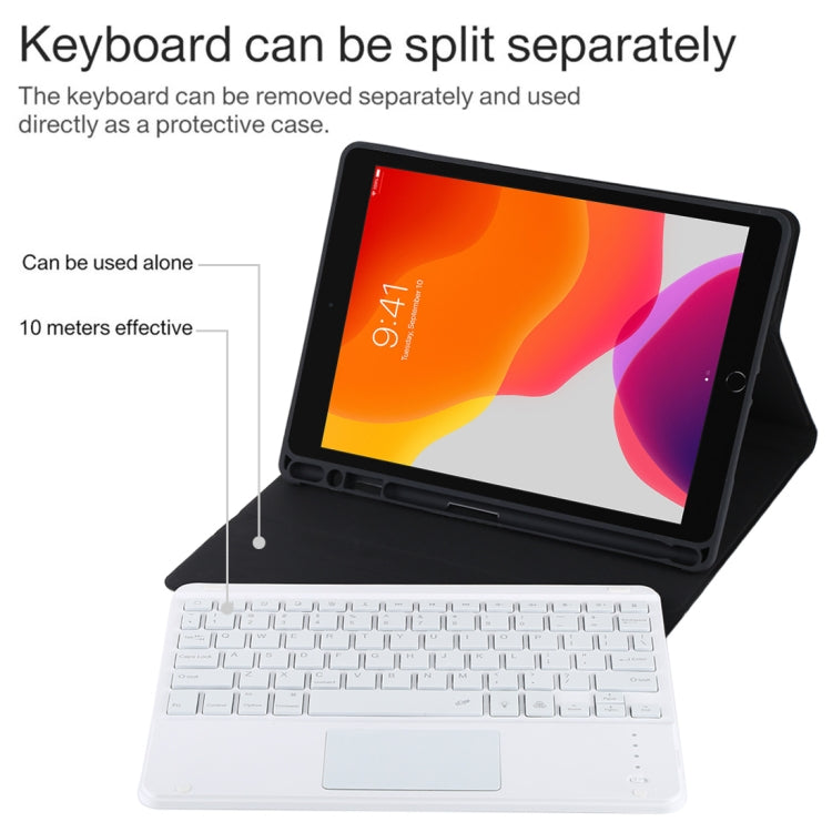 TG-102BCS Detachable Bluetooth White Keyboard + Microfiber Leather Tablet Case for iPad 10.2 inch / iPad Air (2019), with Touch Pad & Backlight & Pen Slot & Holder (Black) - For iPad Air by PMC Jewellery | Online Shopping South Africa | PMC Jewellery