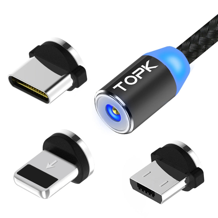 TOPK 2m 2.4A Max USB to 8 Pin + USB-C / Type-C + Micro USB Nylon Braided Magnetic Charging Cable with LED Indicator(Black) - Charging Cable & Head by TOPK | Online Shopping South Africa | PMC Jewellery | Buy Now Pay Later Mobicred