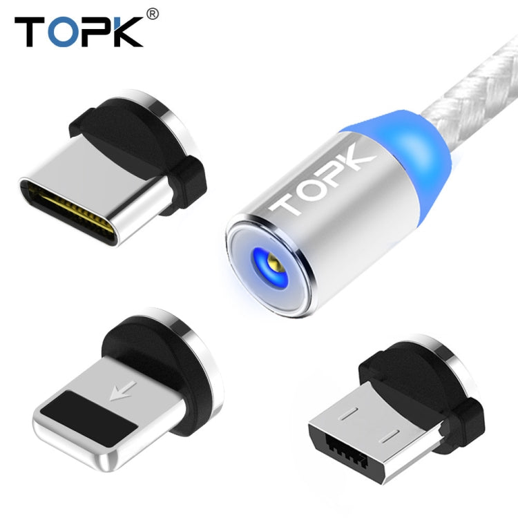 TOPK 2m 2.4A Max USB to 8 Pin + USB-C / Type-C + Micro USB Nylon Braided Magnetic Charging Cable with LED Indicator(Silver) - Charging Cable & Head by TOPK | Online Shopping South Africa | PMC Jewellery | Buy Now Pay Later Mobicred