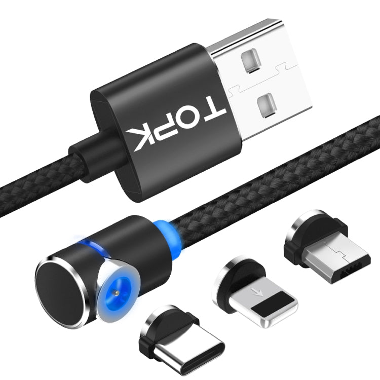 TOPK AM30 2m 2.4A Max USB to 8 Pin + USB-C / Type-C + Micro USB 90 Degree Elbow Magnetic Charging Cable with LED Indicator(Black) - Charging Cable & Head by TOPK | Online Shopping South Africa | PMC Jewellery | Buy Now Pay Later Mobicred