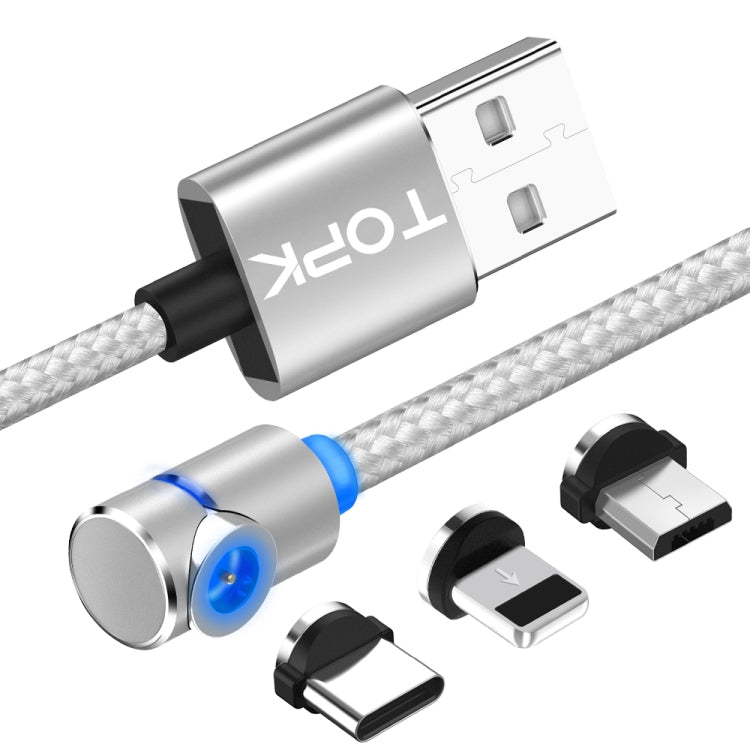 TOPK AM30 2m 2.4A Max USB to 8 Pin + USB-C / Type-C + Micro USB 90 Degree Elbow Magnetic Charging Cable with LED Indicator(Silver) - Charging Cable & Head by TOPK | Online Shopping South Africa | PMC Jewellery | Buy Now Pay Later Mobicred