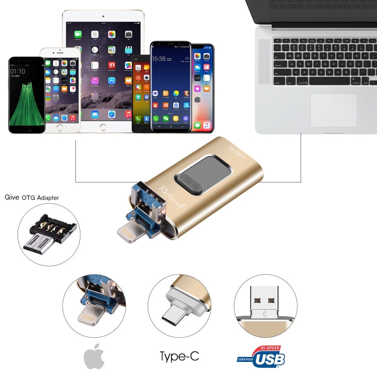 Richwell 3 in 1 16G Type-C + 8 Pin + USB 3.0 Metal Push-pull Flash Disk with OTG Function(Gold) - U Disk & Card Reader by Richwell | Online Shopping South Africa | PMC Jewellery | Buy Now Pay Later Mobicred