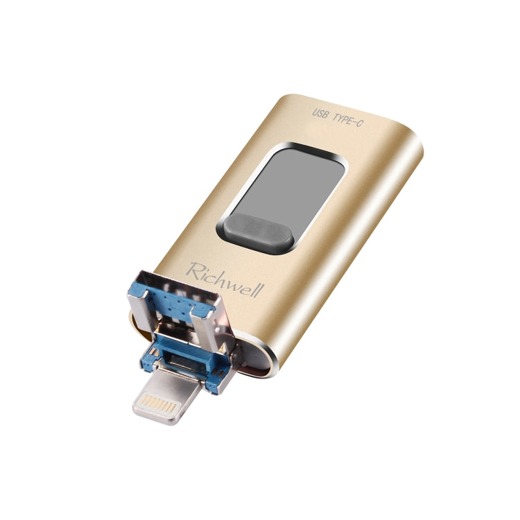 Richwell 3 in 1 64G Type-C + 8 Pin + USB 3.0 Metal Push-pull Flash Disk with OTG Function(Gold) - U Disk & Card Reader by Richwell | Online Shopping South Africa | PMC Jewellery | Buy Now Pay Later Mobicred