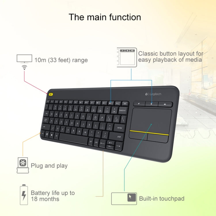 Logitech K400 Plus 2.4GHz Wireless Touch Control Keyboard, Wireless Range: 10m (Black) - free shipping - PMC Jewellery - Order now!