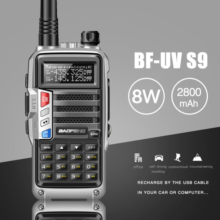 Baofeng BF-UV5R Plus S9 FM Interphone Handheld Walkie Talkie, US Plug (Silver) - Handheld Walkie Talkie by BAOFENG | Online Shopping South Africa | PMC Jewellery | Buy Now Pay Later Mobicred