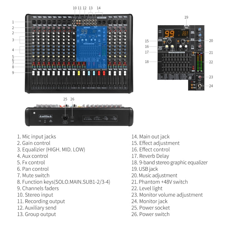 XTUGA B1404FX 14 Channels Bluetooth Audio Mixer Digital DJ Controller Sound Mixing Console (US Plug) - Live Sound Effects Processors by XTUGA | Online Shopping South Africa | PMC Jewellery | Buy Now Pay Later Mobicred