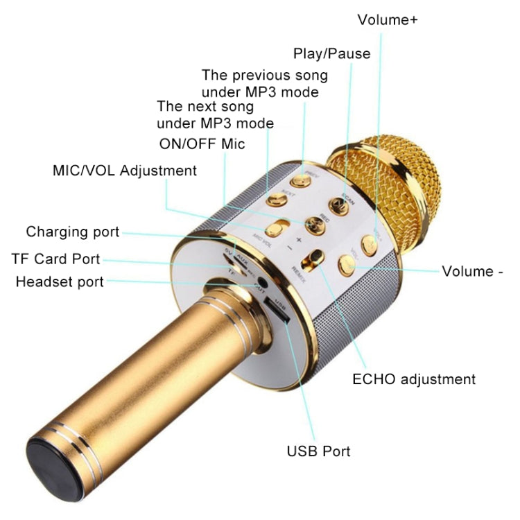 WS-858 Metal High Sound Quality Handheld KTV Karaoke Recording Bluetooth Wireless Microphone, for Notebook, PC, Speaker, Headphone, iPad, iPhone, Galaxy, Huawei, Xiaomi, LG, HTC and Other Smart Phones(Gold) - Microphone by PMC Jewellery | Online Shopping South Africa | PMC Jewellery | Buy Now Pay Later Mobicred